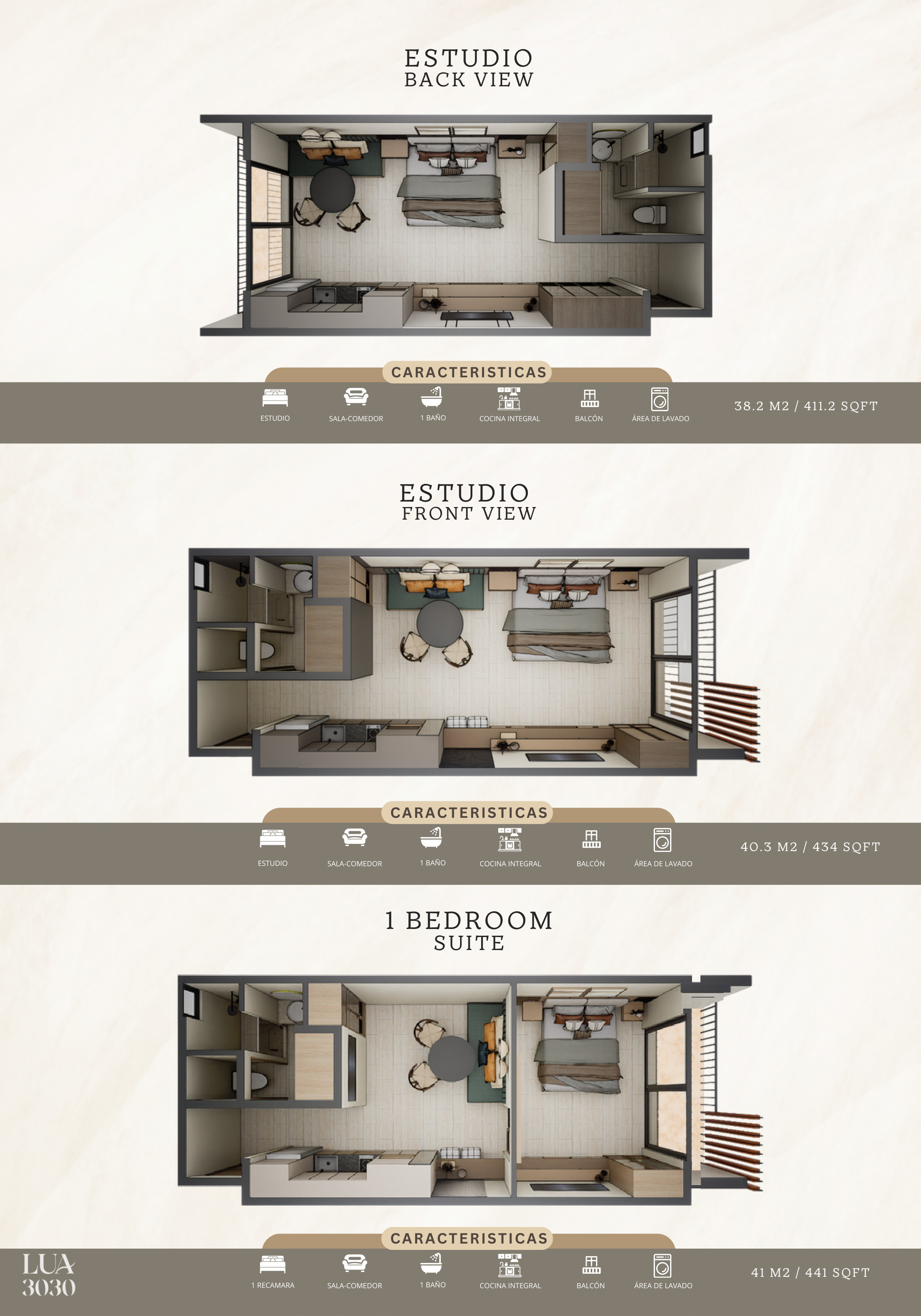Architectural floor plans for studio and one-bedroom units showing bedroom, bathroom, kitchen, and living spaces with dimensions