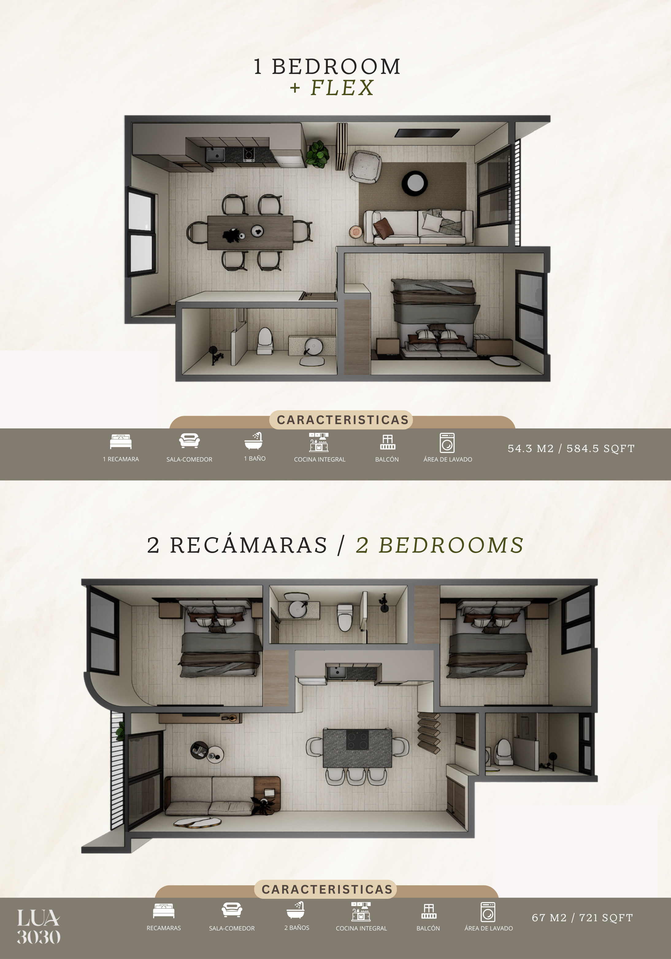 Architectural floor plan showing a 1-bedroom unit with integrated kitchen, dining area, bathroom, and flex space in a 54.3 square-meter