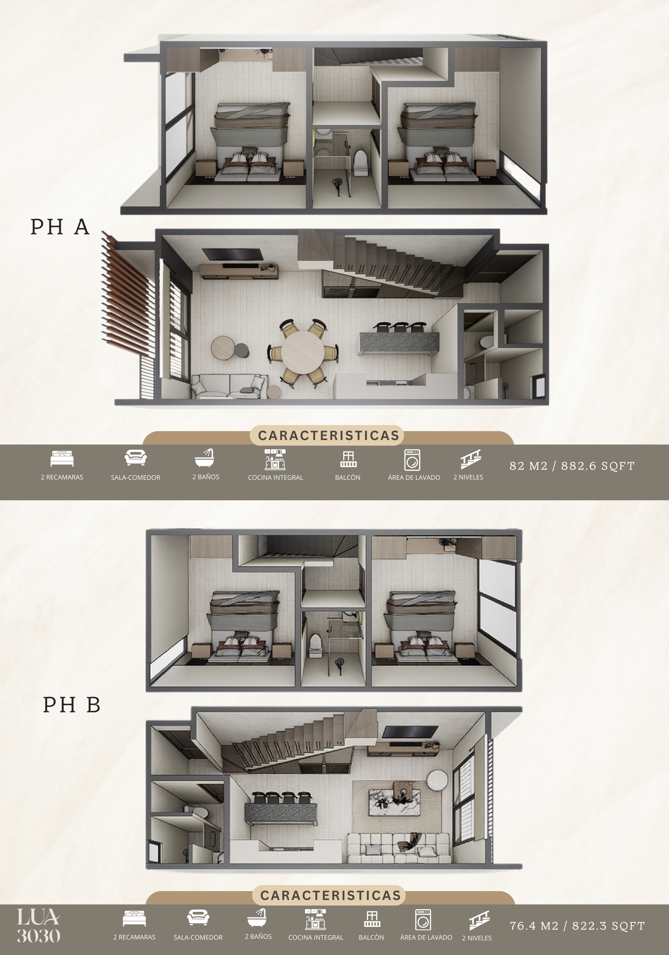 Architectural floor plans showing two unit layouts with bedrooms, kitchen, dining, and living spaces across multiple levels.