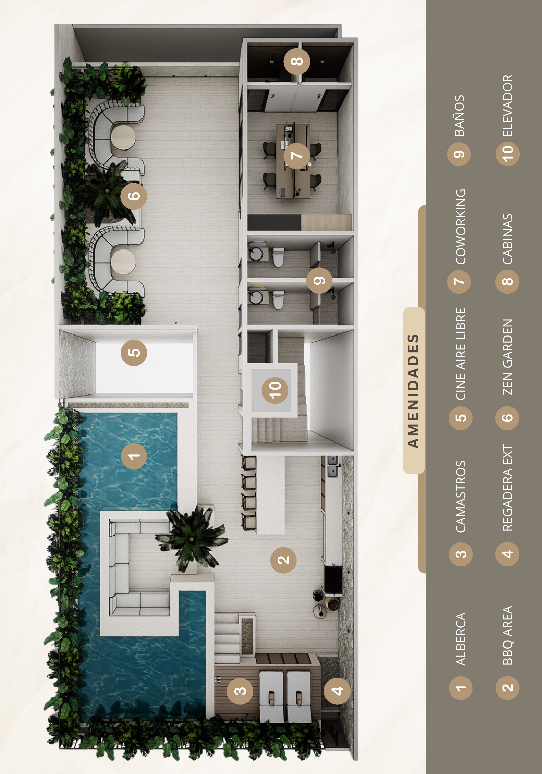 Architectural floor plan with 10 labeled zones, pool, dining and kitchen areas, green planting borders, and multiple terraces.